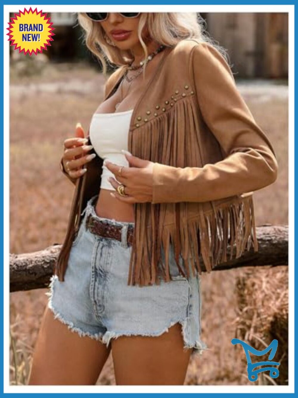 Faux Suede Long Sleeve Fringe Trim Open Front Cardigan Jacket Western Concert - Picture 4 of 6